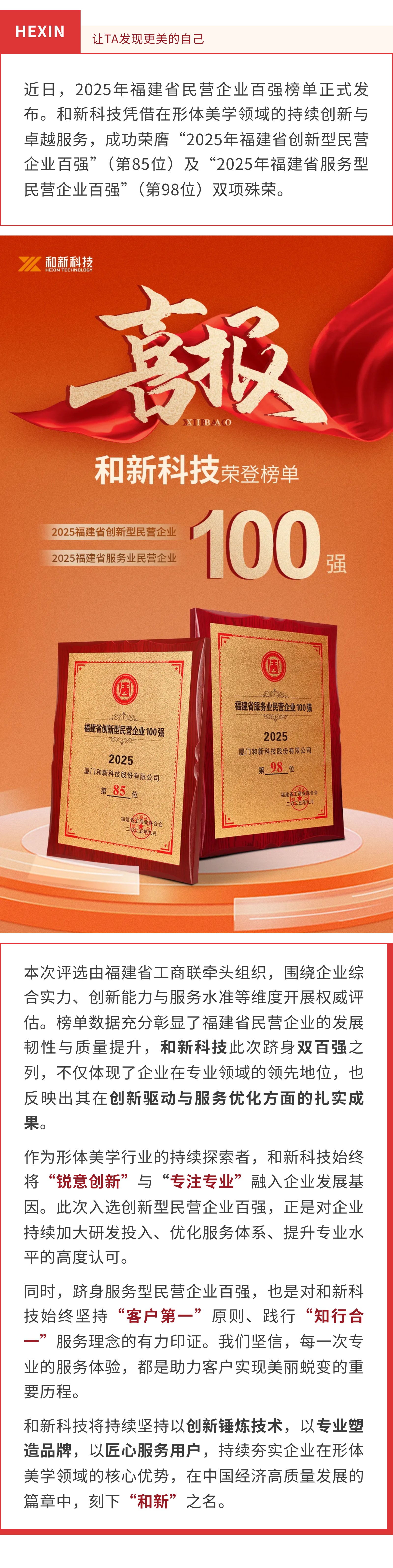 喜报 |和新科技荣登2025年福建省创新型及服务型民营企业双百强榜单！